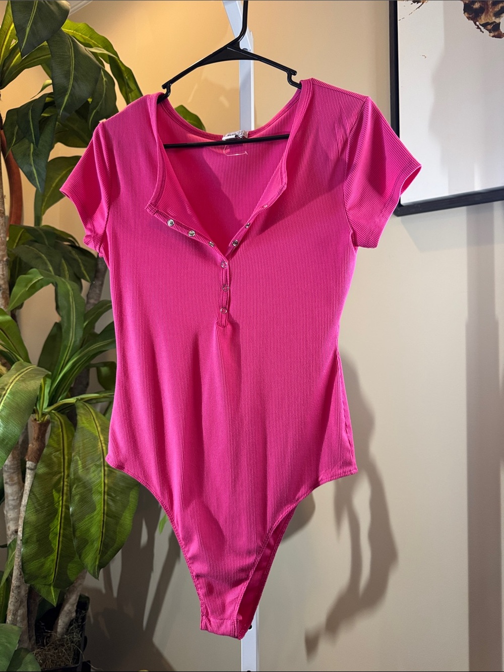 Women's Snap-Front Ribbed Bodysuit - Hot Pink size L